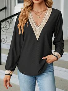 Women's Plus Lace V-Neck Long Sleeve T-shirt - Black - View 3