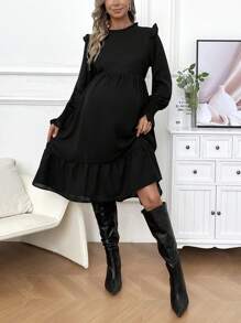 SHEIN 孕婦純色長袖裙,帶蕾絲領口