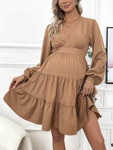 SHEIN Maternity Solid Color Ruffle Dress - Rust Brown - View 2