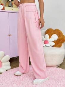 SHEIN EZwear 女款純色側條紋抽繩長褲 - 粉色 - 查看 4