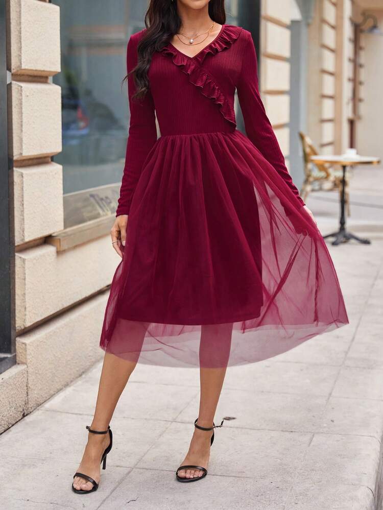 Frill Trim Decor Mesh Dress