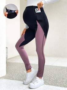 SHEIN Maternity Adjustable Waist Contrast Phone Pocket Leggings - Multicolor - View 1