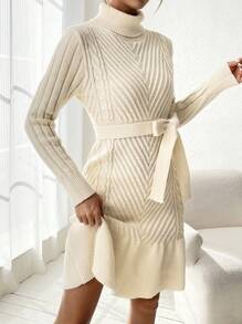 Chiquease 女性純色高領荷葉邊毛衣連衣裙