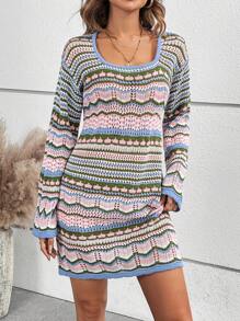 SHEIN LUNE Eyelet Knit Striped Sweater Dress - Blue - View 6