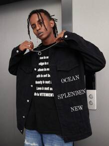 Manfinity Roghcode Men's Oversized Denim Jacket With Flap Pockets And Printed Text - Black - View 1