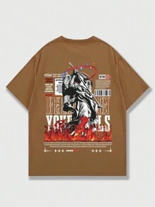 ROMWE MEN Street Life Men's Sculpture And Slogan Printed T-shirt - Brown - View 1