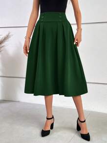 SHEIN Clasi Women's High Waisted Button Detail Solid Color Skirt - Dark Green - View 5