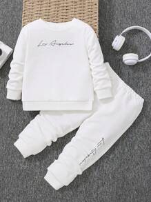 SHEIN Leap Crew Young Boy Comfortable Casual Long Sleeve Sweatshirt And Sweatpants Set With Letter Print - White - View 2