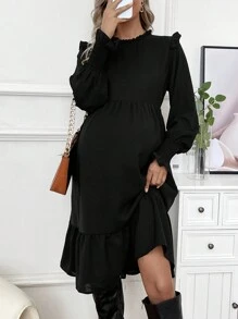 SHEIN 孕婦純色長袖裙,帶蕾絲領口