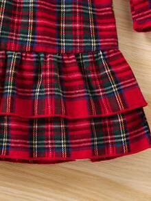 SHEIN 小女孩的大學風休閒格紋襯衫裙時尚的荷葉邊裝飾束腰裙 - 彩色 - 查看 4