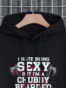 Nam Kích thước lớn Lông cừu Hoodie Với Slogan Và In Đầu lâu , Dây rút Buộc - màu đen - Xem 3