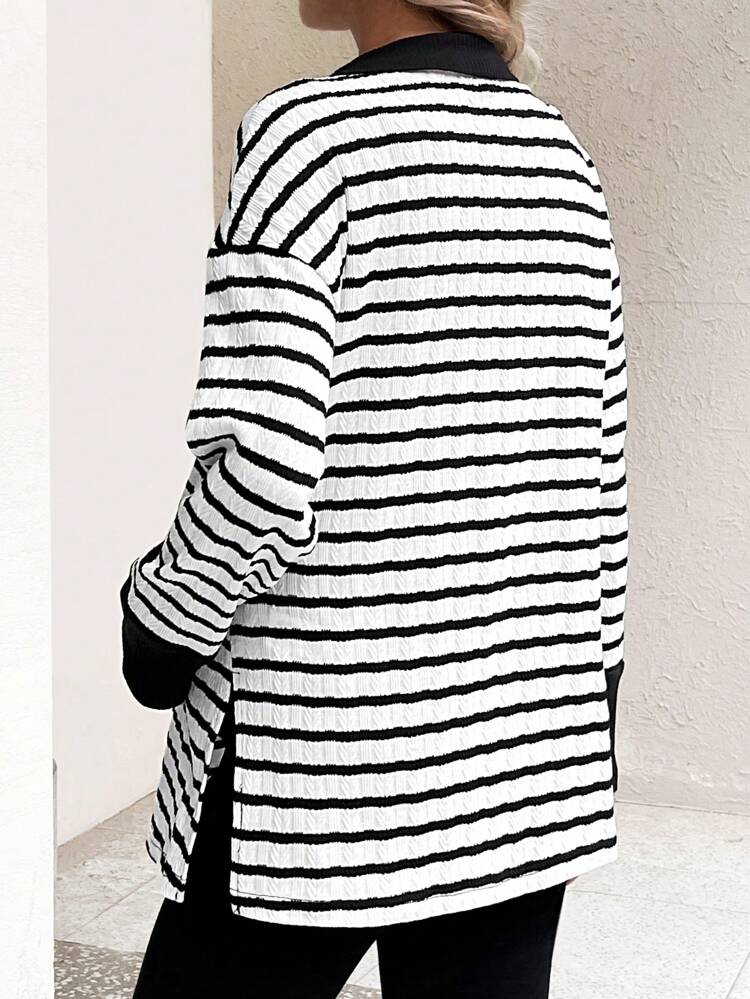 Maternity Striped Half-Zipper Sweatshirt, For Winter