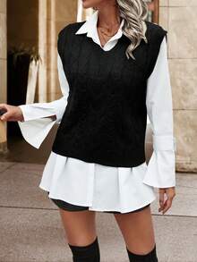 純色女式毛衣背心 - 黑色 - 查看 6