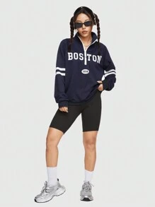 ROMWE Avant 復古大學風格字母印花拉鍊半扣領套頭女士運動衫 - 藏蓝色 - 查看 1