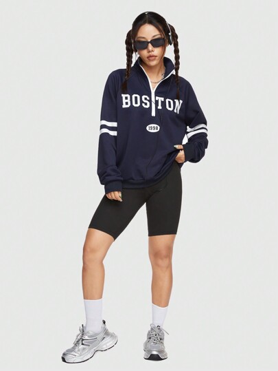 ROMWE Avant Retro College Style Letter Print Zipper Half Placket Pullover Women's Sweatshirt