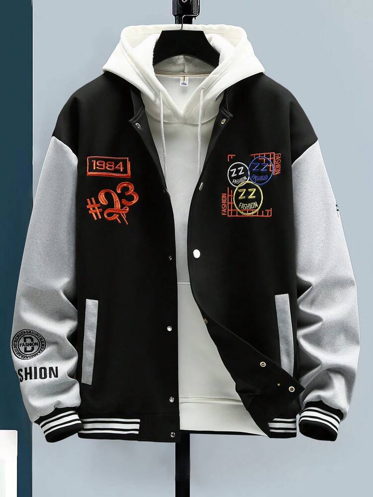 Men's Loose Colorblock Jacket With Letter Embroidery