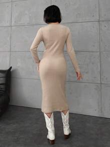 EURMUSE Button Up Long Sleeve Dress - Apricot - View 2