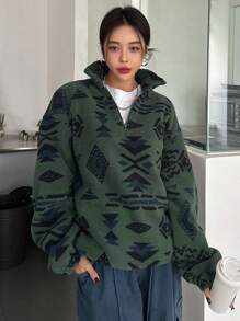 DAZY 女士几何印花半拉链卫衣，长袖上衣，秋季女装，保暖内衬 - 綠色 - 查看 4