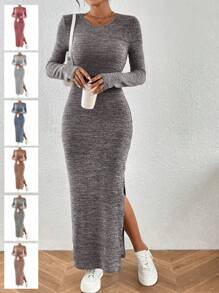 SHEIN Privé Dệt kim Marled Tách đùi Váy bodycon - màu đen - Xem 3