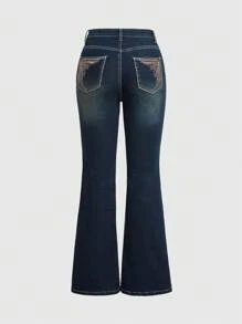ROMWE Goth Vintage Style Back-pocket Color-contrasting Embroidered Flared Jeans - Dark Wash - View 2