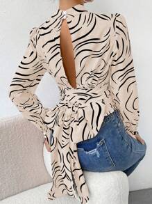 SHEIN Privé Backless Tie-up Floor-length Printed Shirt With Long Sleeves - Apricot - View 5