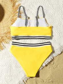 Tween Girl Cute Stripe And Floral Print Bikini Set Summer Beach - Yellow - View 2