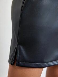 EURMUSE Women's Straight Denim Skirt With Slit And Diagonal Pockets - Black - View 4