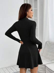 SHEIN PETITE Solid Color Women's Stand Collar Ribbed Knit Dress - Black - View 2