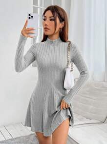 SHEIN PETITE 女士實色立領肋針織連身裙 - 灰色 - 查看 1