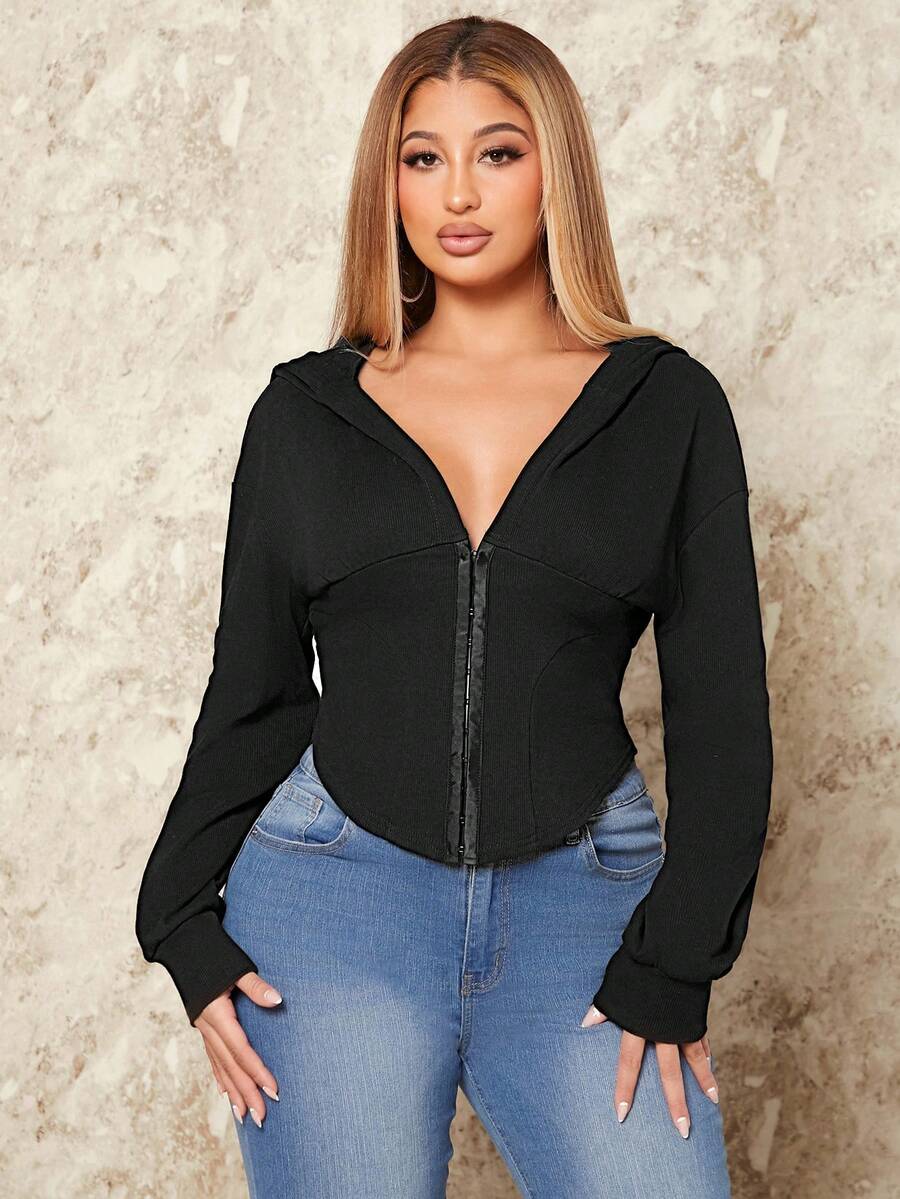 SHEIN SXY Trường học Đội Áo khoác Phong cách Áo nỉ có mũ Với Đã thu thập Hem - màu đen - Xem 1