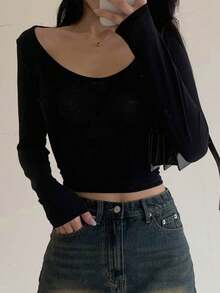 DAZY 女性純色圓領長袖t恤 - 黑色 - 查看 3