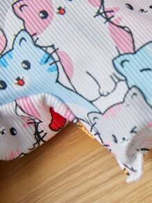 SHEIN Baby Girls' Casual Cute Cat Pattern Sleeveless Romper - Multicolor - View 3