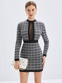 BizChic Vestido Feminino Xadrez Contraste com Tela - Preto e Branco - Visão 6