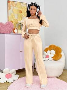 SHEIN EZwear 女款百褶短上衣和長褲兩件套 - 杏色 - 查看 5