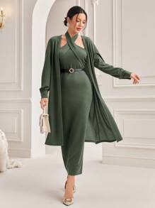 Modelyn Women's Solid Color Halterneck Dress And Jacket Two-Piece Set 2 Piece Set - Army Green - View 3