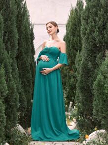 Maternity Off Shoulder Ruffle Formal Party Elegant Dress - Green - View 3