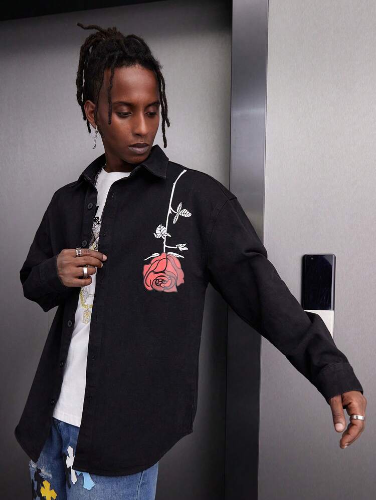 Loose Fit Men's Rose & Letter Print Denim Shirt