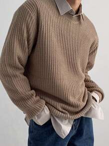 DAZY 男款圓領休閒毛衣,無襯衫 - 卡其色 - 查看 1