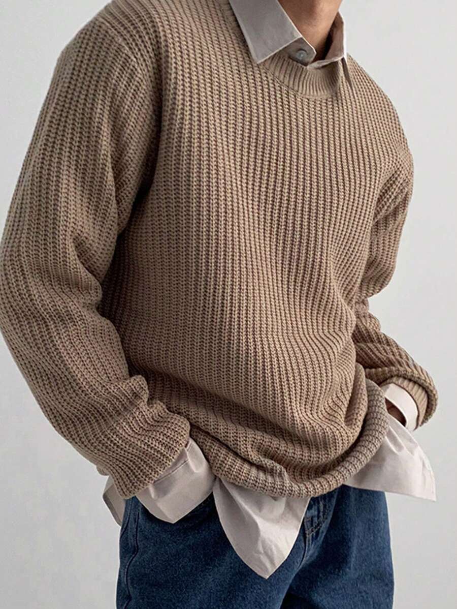 DAZY 男款圓領休閒毛衣,無襯衫 - 卡其色 - 查看 1