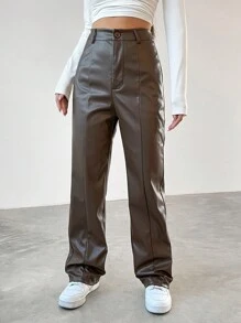 SHEIN EZwear 棕色高腰 Pu 皮褲 - 咖啡棕 - 查看 1