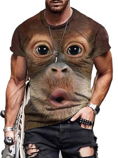 Manfinity Roughcore Men Animal Print Ugly Funny Short Sleeve Tee