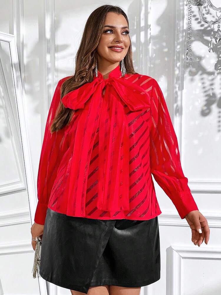 SHEIN Clasi Kích thước lớn Cà vạt Lưới Tay áo dài Áo sơ mi - Đỏ - Xem 5