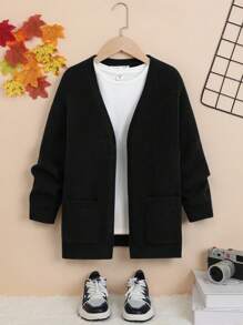 SHEIN Tween男孩滑肩針織開襟衫,帶有滑肩和貼片口袋 - 黑色 - 查看 1