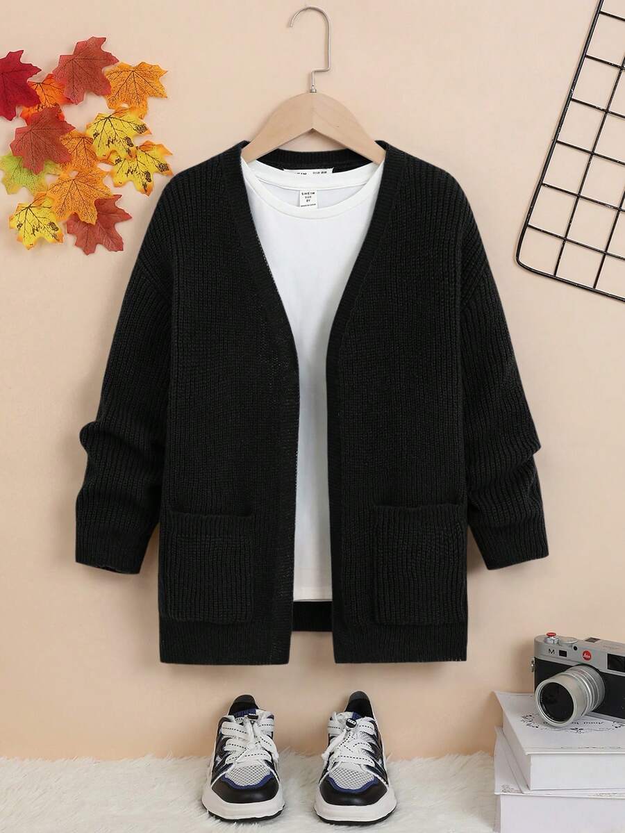 SHEIN Tween男孩滑肩針織開襟衫,帶有滑肩和貼片口袋 - 黑色 - 查看 1