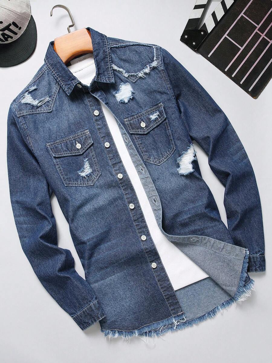 Manfinity Homme Men's Ripped Denim Shirt - Dark Wash - View 1