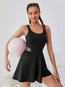 SHEIN 青少年女孩针织拼接字母装饰运动连衣裙，内置短裤和口袋 - 黑色 - 查看 3