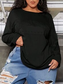 SHEIN CURVE+ Women's Plus Size Letter Printed Tee With Floral Pattern - Black - View 4