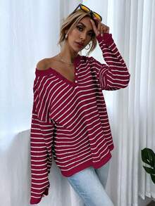Chiquease 女士條紋下垂肩毛衣 - 酒紅色 - 查看 4