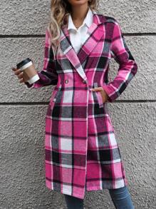 SHEIN Essnce 女式格紋落肩領雙排扣羊毛外套 - 彩色 - 查看 5