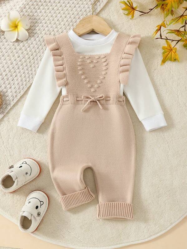 1pc Baby Girl's Sweater Jumpsuit With Ruffled Edge And Drawstring Waist